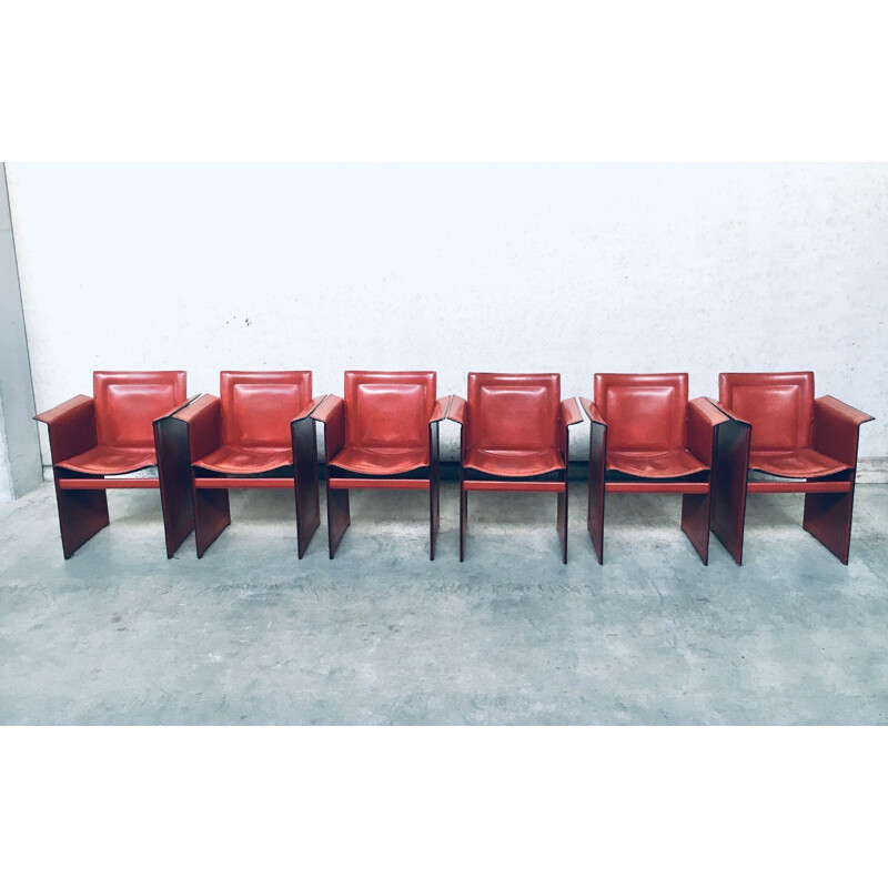 Set of 6 vintage Korium leather dining chairs with armests by Tito Agnoli for Matteo Grassi, Italy 1970s