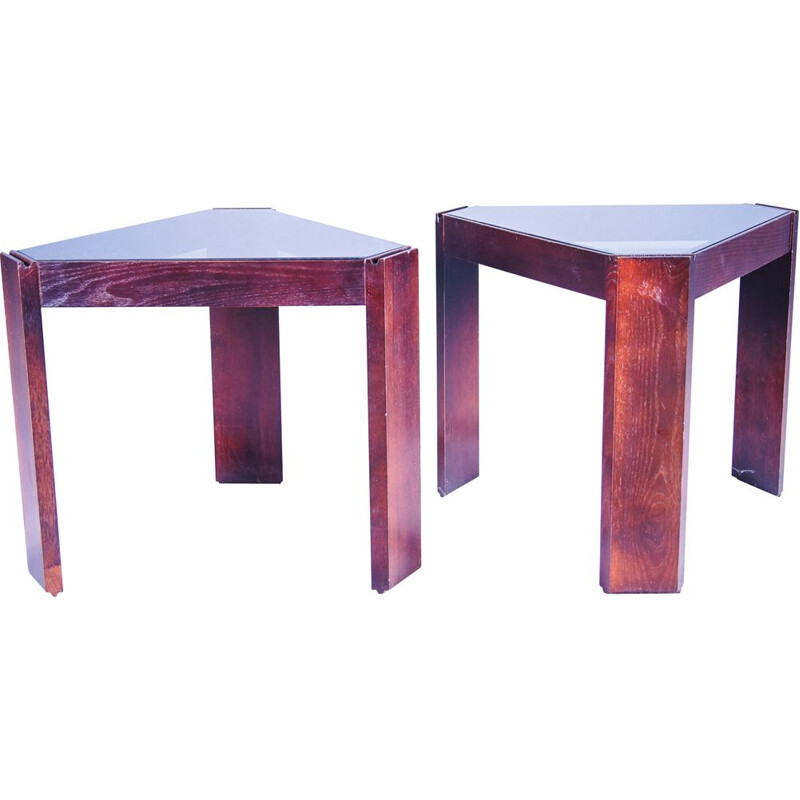 Pair of vintage side tables in walnut and smoked glass by Porada Arredi, Italy 1974
