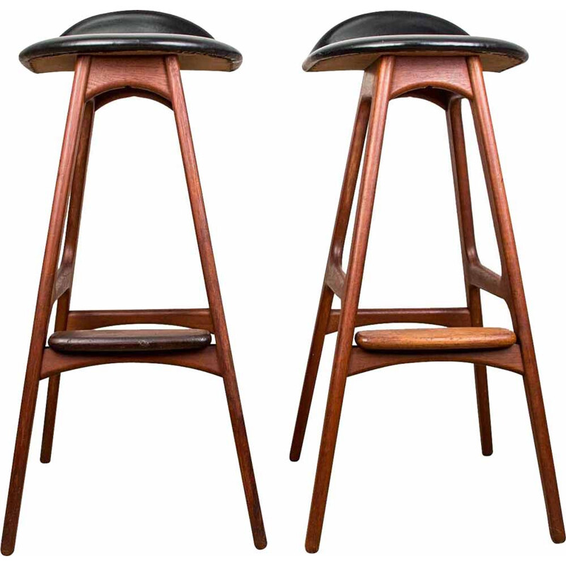 Pair of vintage teak and black skai high stools by Erik Buch for Oddense Maskinsnedkeri AS, Denmark 1964