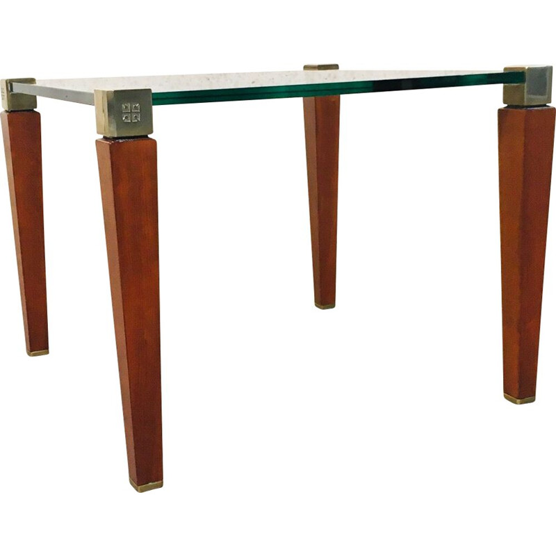 Modernist vintage brass, wood & glass side table by Peter Ghyczy, Holland 1980s