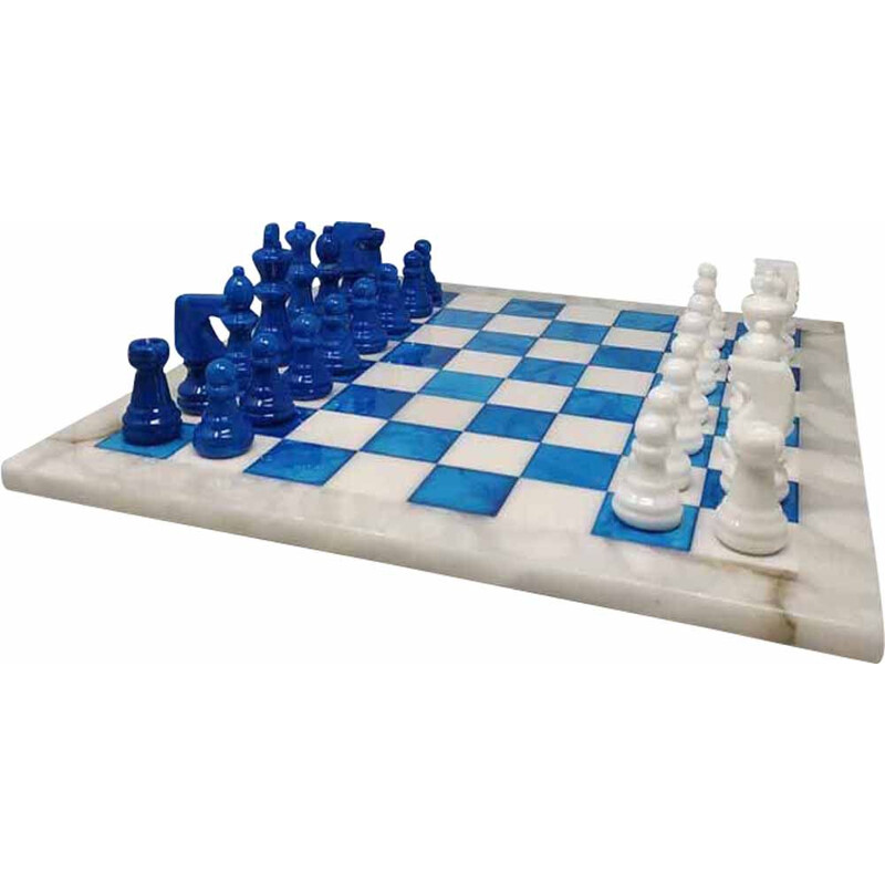 Blue and white vintage chess set in Volterra alabaster handmade, Italy 1970s