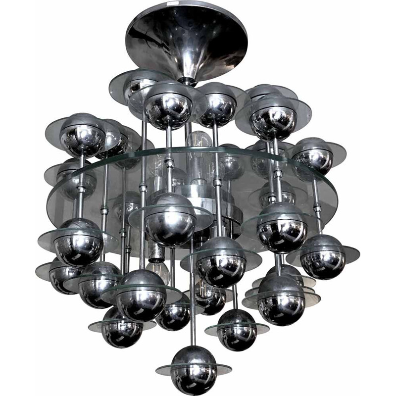 Vintage Italian glass and chrome chandelier by Reggiani, 1970s