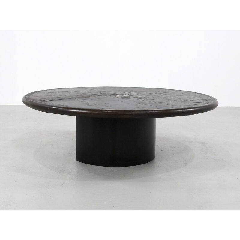 Table basse ronde en pierre et cuivre, Paul KINGMA - 1990