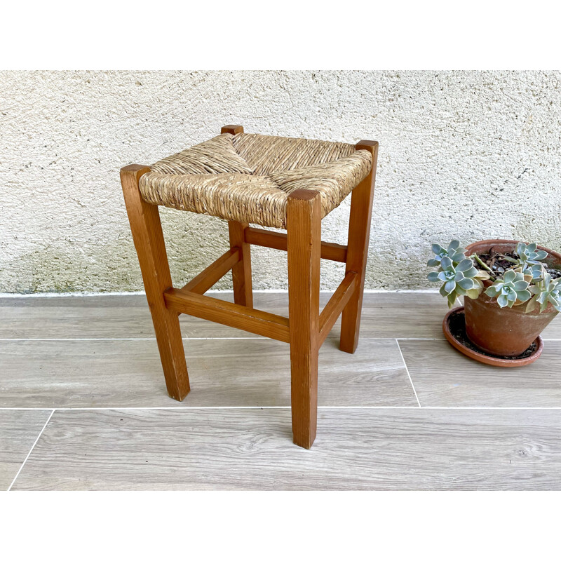 Vintage geometric stool in straw and fir wood