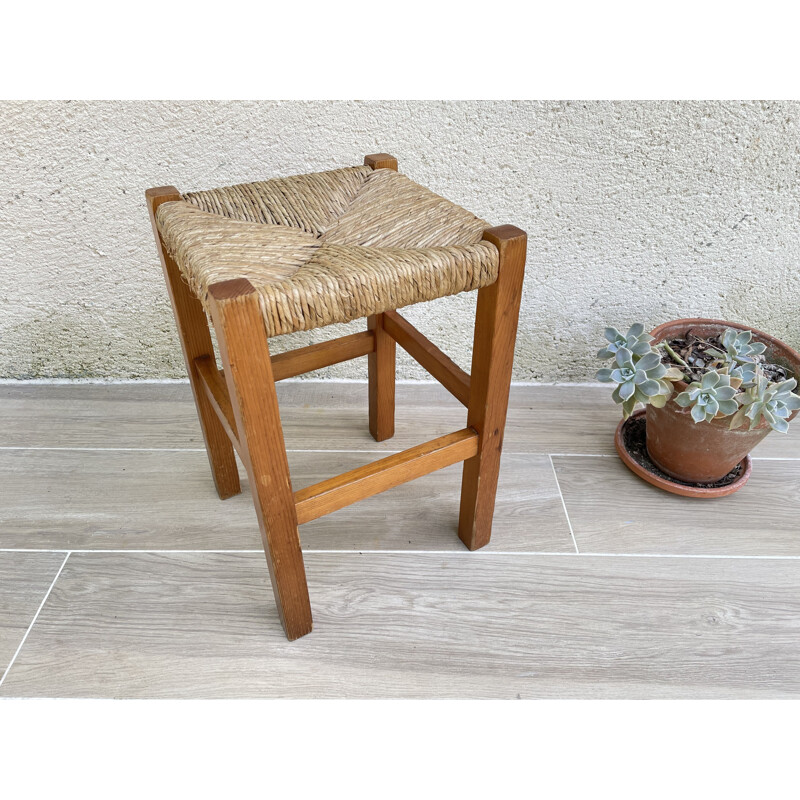 Tabouret géométrique vintage en paille et bois de sapin