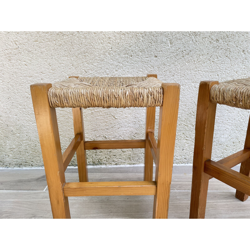 Vintage geometric stool in straw and fir wood