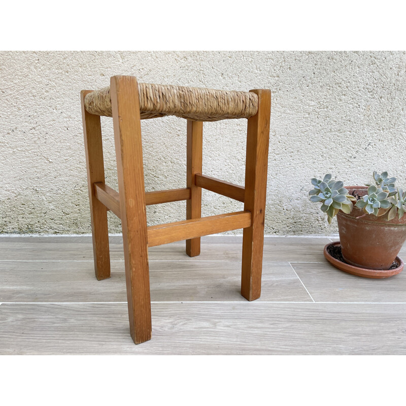 Vintage geometric stool in straw and fir wood