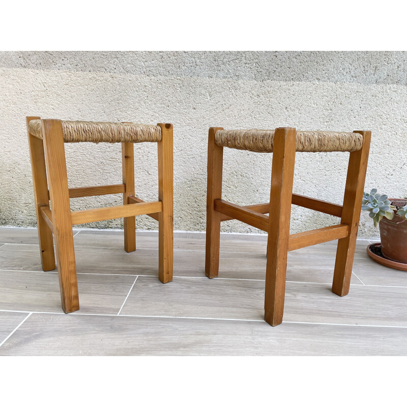 Vintage geometric stool in straw and fir wood