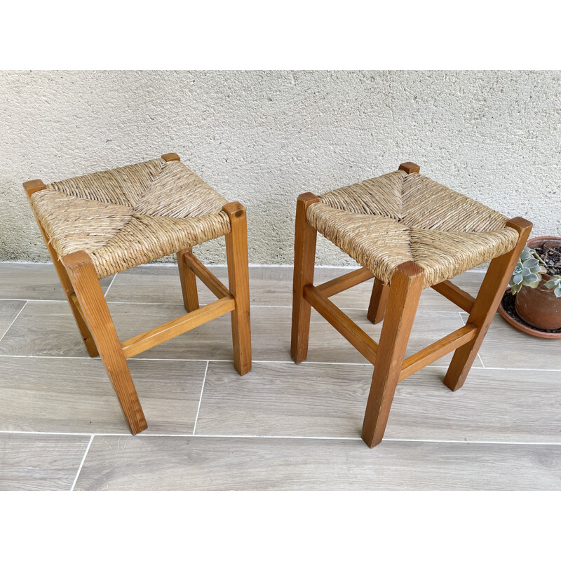 Tabouret géométrique vintage en paille et bois de sapin