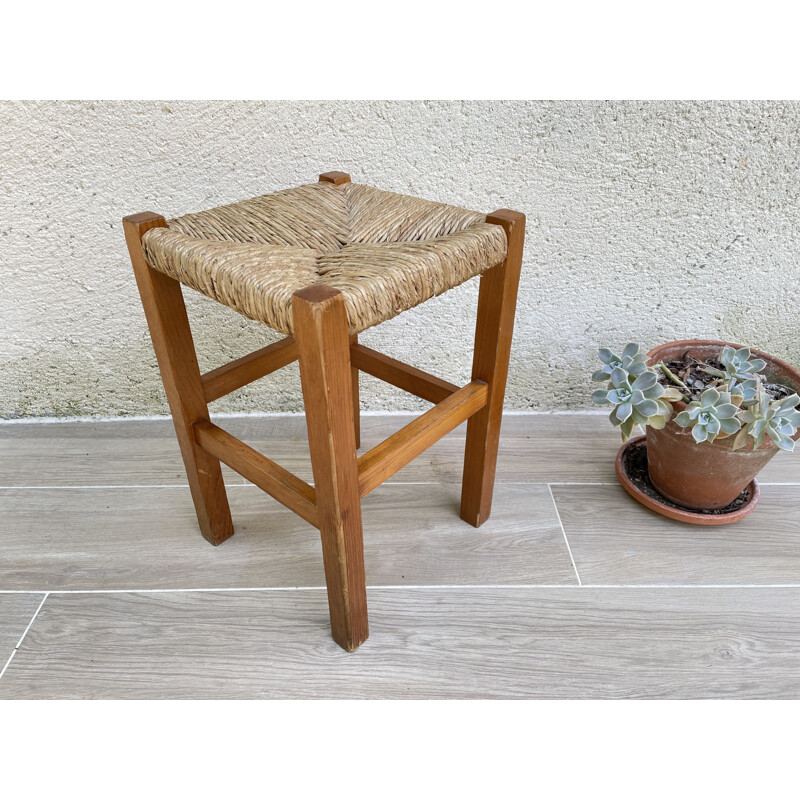 Tabouret géométrique vintage en paille et bois de sapin