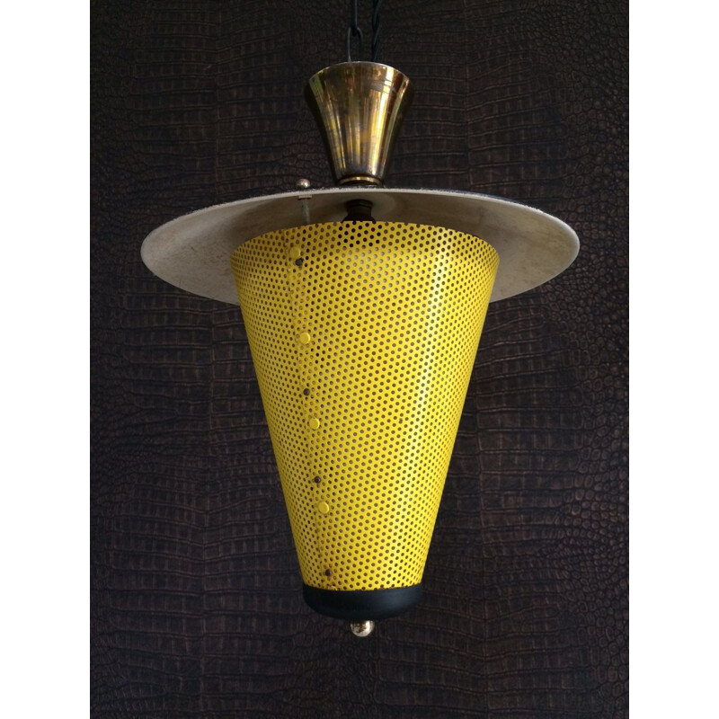 Vintage zwart en geel metalen hanglamp, Frankrijk 1950