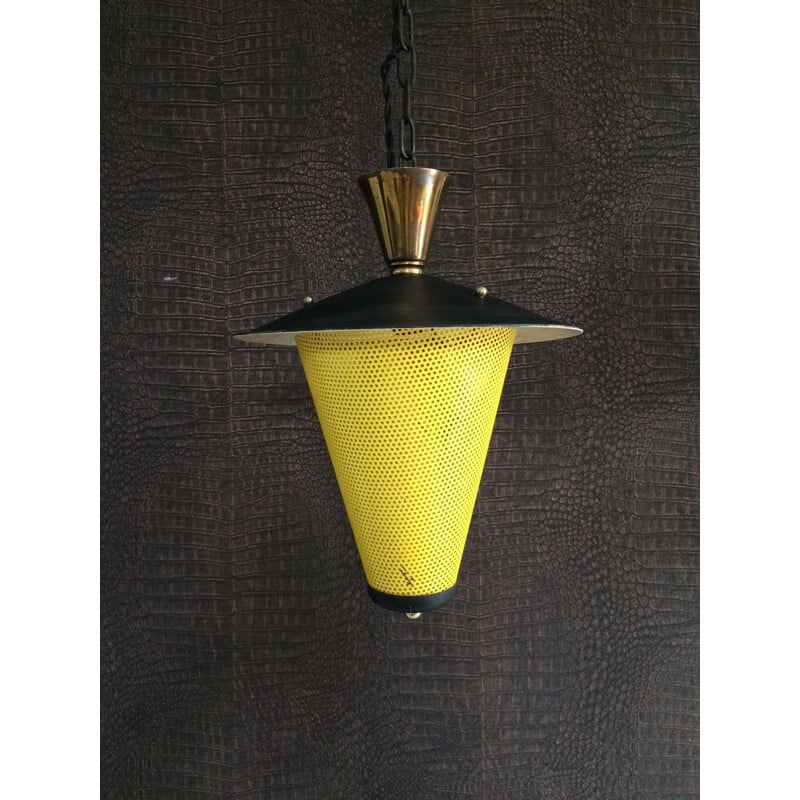 Vintage zwart en geel metalen hanglamp, Frankrijk 1950