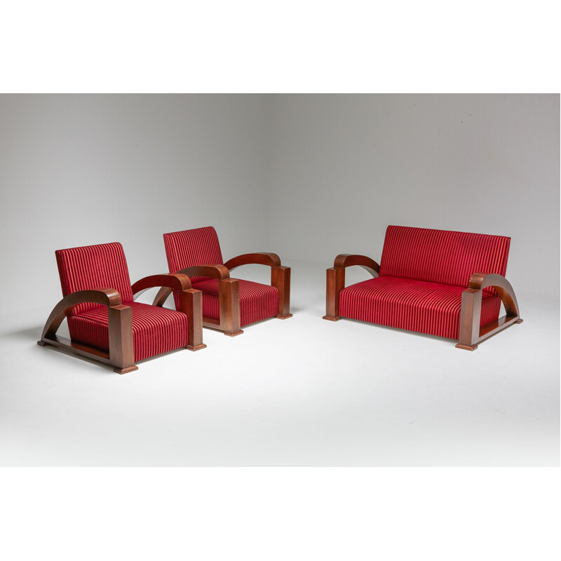 French vintage Art Deco living room set in red striped velvet and with swoosh armrests, 1940s