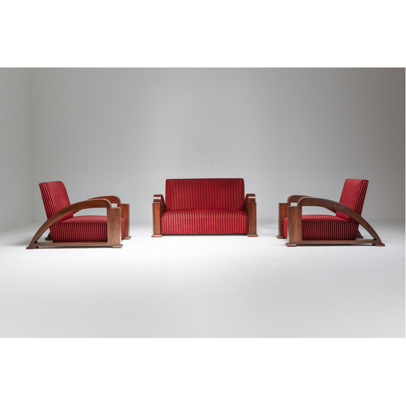 French vintage Art Deco living room set in red striped velvet and with swoosh armrests, 1940s