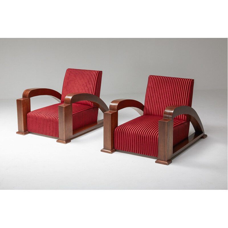 French vintage Art Deco living room set in red striped velvet and with swoosh armrests, 1940s