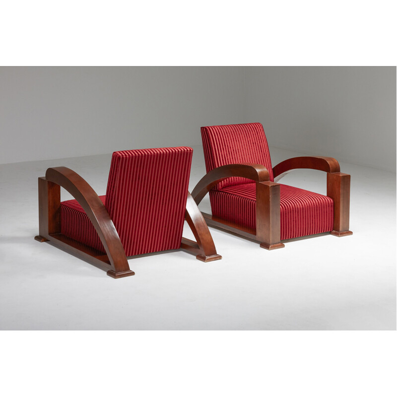 French vintage Art Deco living room set in red striped velvet and with swoosh armrests, 1940s