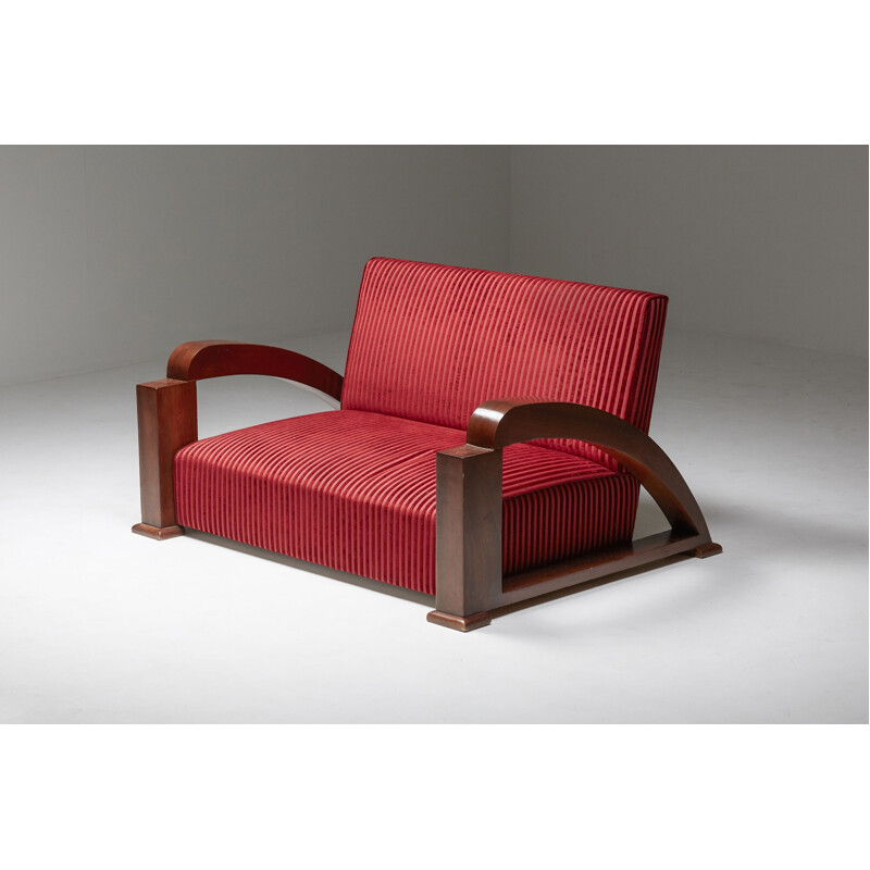 French vintage Art Deco living room set in red striped velvet and with swoosh armrests, 1940s