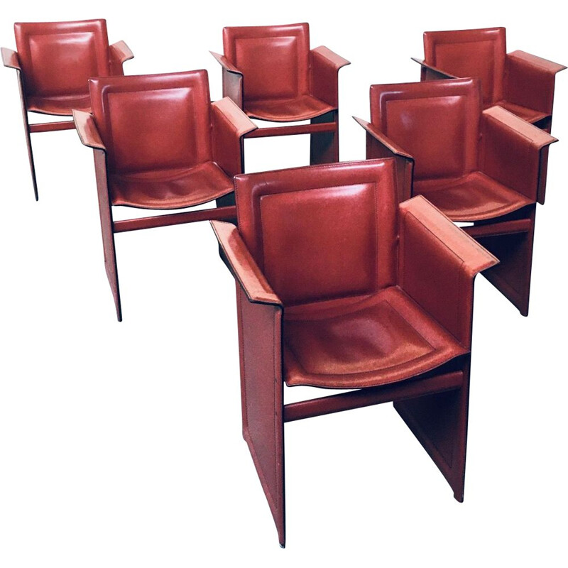 Set of 6 vintage Korium leather dining chairs with armests by Tito Agnoli for Matteo Grassi, Italy 1970s