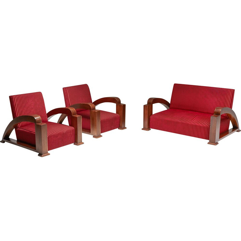French vintage Art Deco living room set in red striped velvet and with swoosh armrests, 1940s