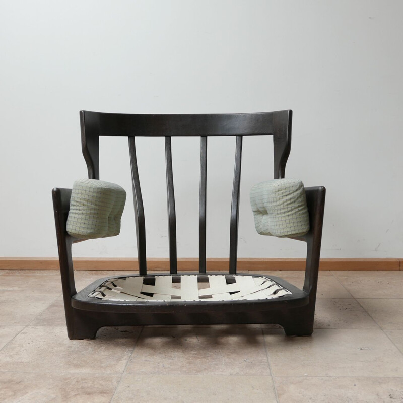 Vintage eboinsed oakwood "Denis" armchair by Guillerme et Chambron, France 1960s