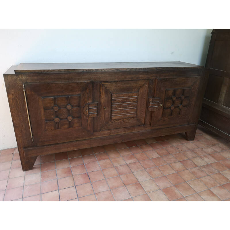 Vintage Art Deco 3-door solid oakwood sideboard by Charles Dudouyt, 1940 