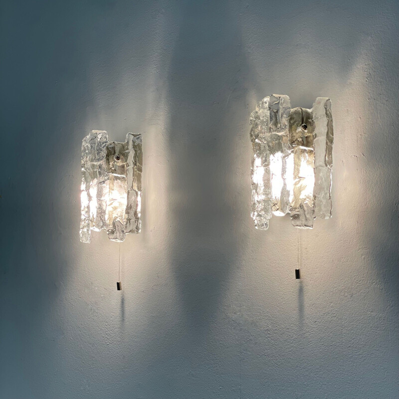 Pair of vintage frosted glass wall lamps by J. T. Kalmar for Kalmar Franken Kg, Austria 1960