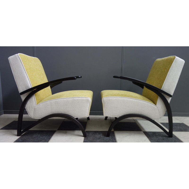 Paire de fauteuils jaunes et blancs de Jindrich Halabala, 1930