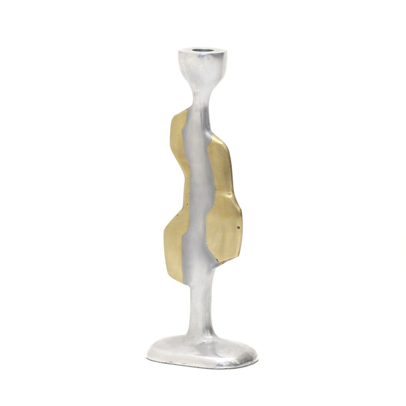 Brutalist vintage candlestick in aluminum and brass by David Marshall for David Marshall Disenos, 1970s