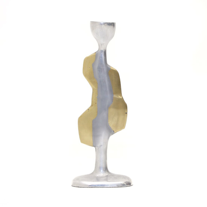 Brutalist vintage candlestick in aluminum and brass by David Marshall for David Marshall Disenos, 1970s