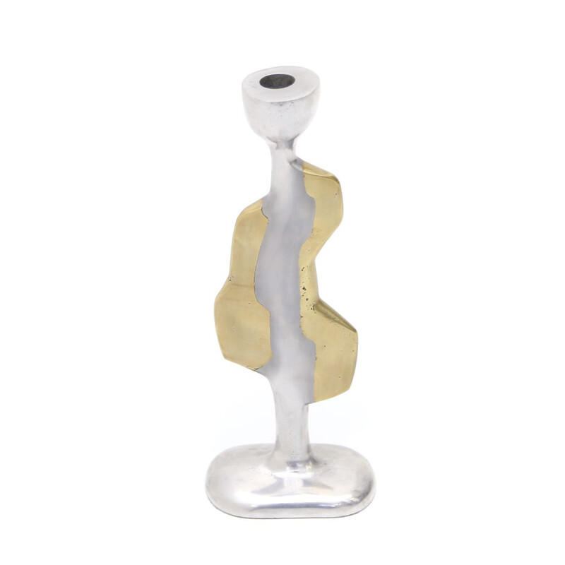 Brutalist vintage candlestick in aluminum and brass by David Marshall for David Marshall Disenos, 1970s