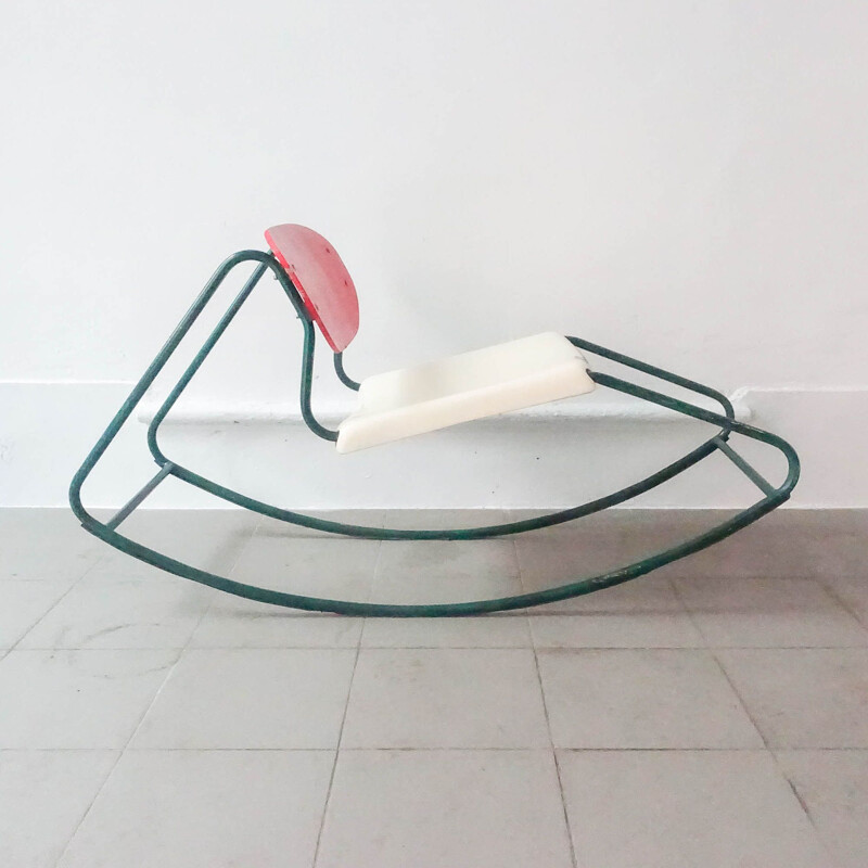 Chaise à bascule vintage en métal tubulaire et bois courbé, 1960