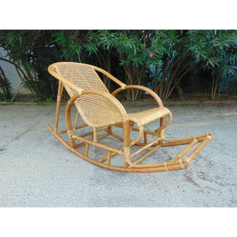 Bamboo and viennese straw vintage rocking chair