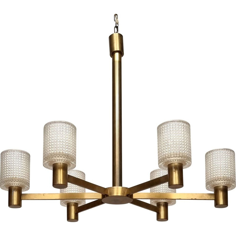 Vintage 6-arm crystal & brass chandelier by Carl Fagerlund for Orrefors, 1950