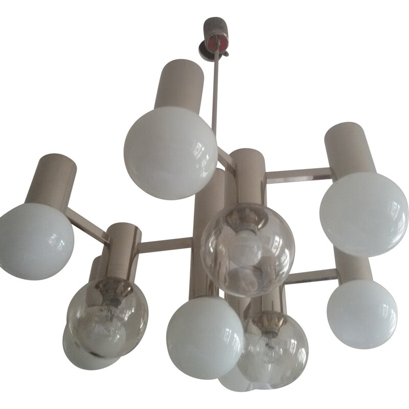 Lustre "Sputnik" italien en métal nickelé et opaline blanche, Gaetano SCIOLARI - 1960