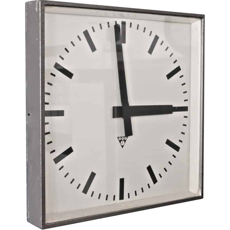 Square Czech Pragotron factory clock in metal and glass - 1960s