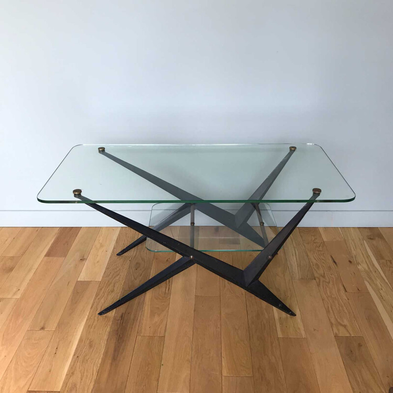 Table basse vintage en verre et métal noir par Angelo Ostuni, 1950