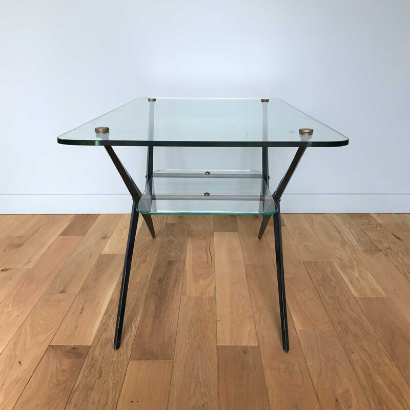 Table basse vintage en verre et métal noir par Angelo Ostuni, 1950