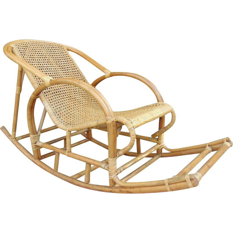 Chaise à bascule vintage en bambou et paille viennoise