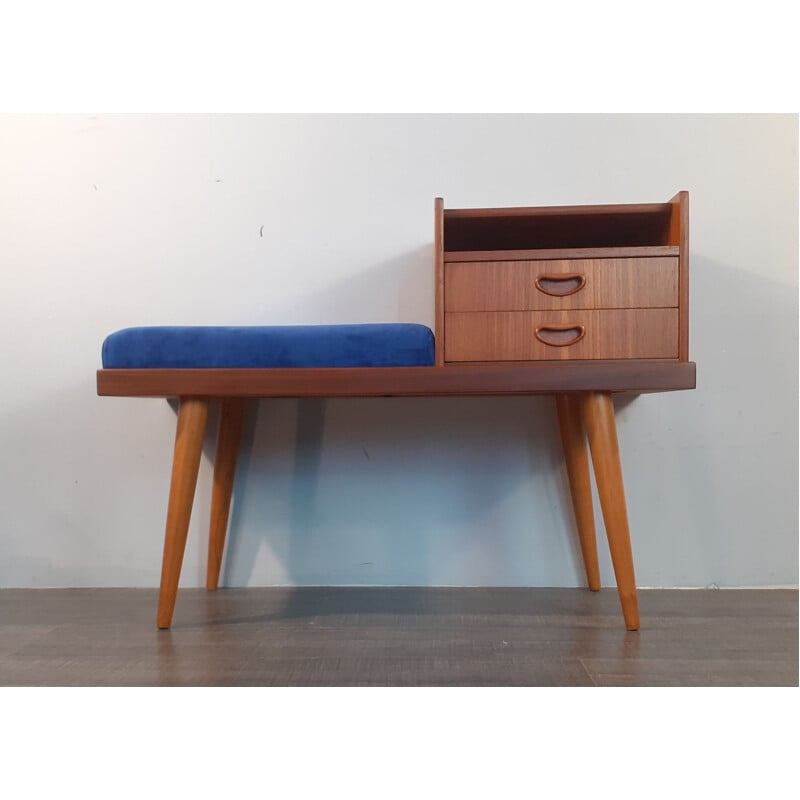 Vintage teak and blue velvet telephone bench with 2 drawers, Norway 1960