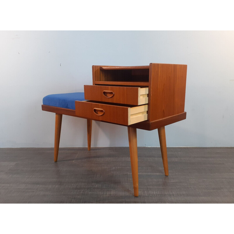 Vintage teak and blue velvet telephone bench with 2 drawers, Norway 1960