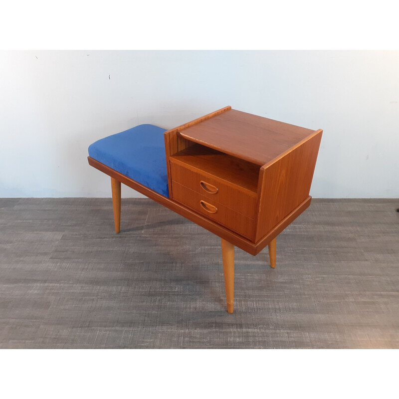 Vintage teak and blue velvet telephone bench with 2 drawers, Norway 1960