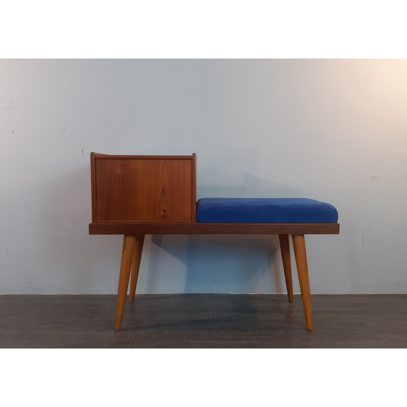 Vintage teak and blue velvet telephone bench with 2 drawers, Norway 1960