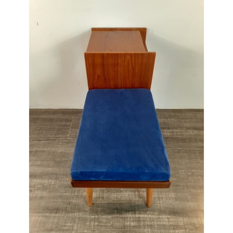 Vintage teak and blue velvet telephone bench with 2 drawers, Norway 1960