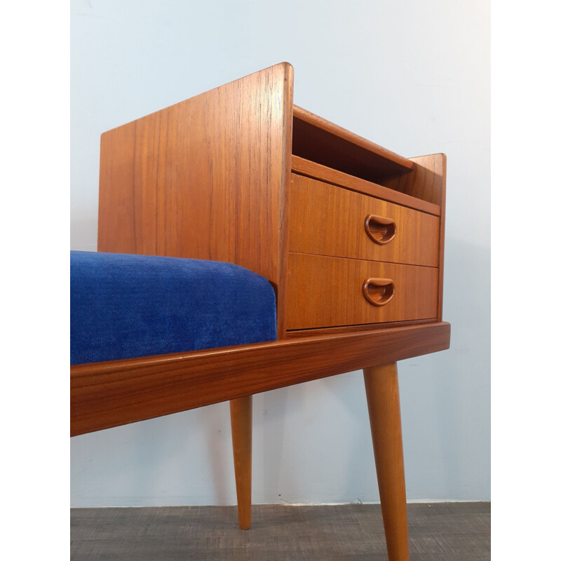 Vintage teak and blue velvet telephone bench with 2 drawers, Norway 1960