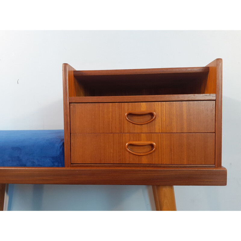 Vintage teak and blue velvet telephone bench with 2 drawers, Norway 1960