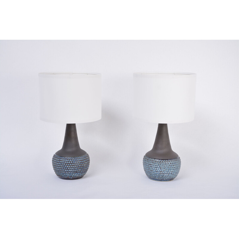 Pair of handmade blue Danish mid-century stoneware lamps by Soholm
