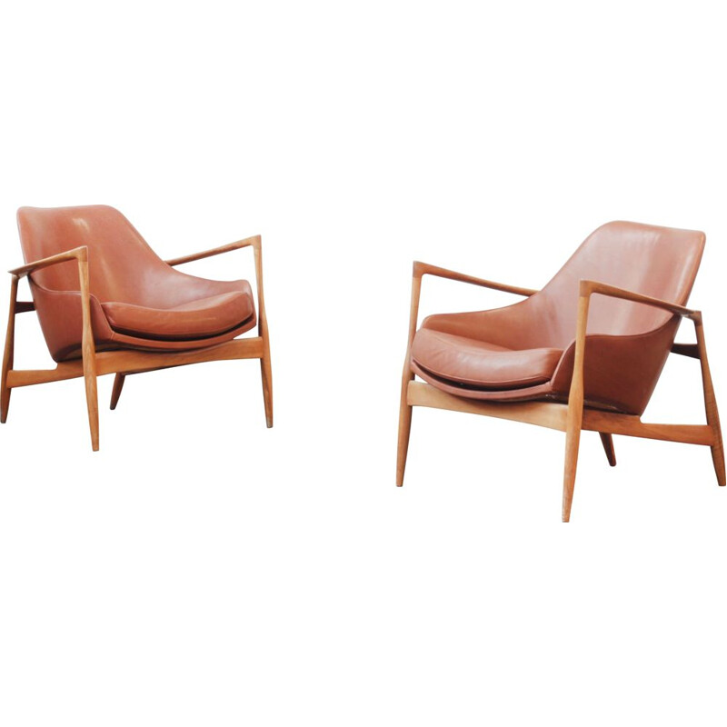 Pair of vintage Danish leather and nutwood armchairs by Ib Kofod Larsen for G. Laauser, Denmark 1960s