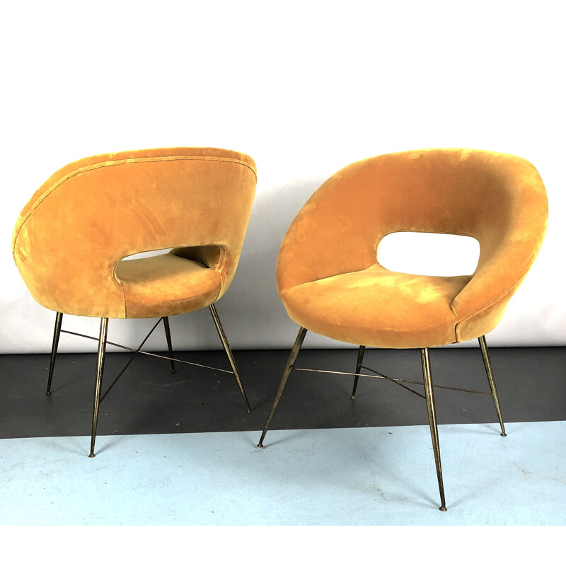 Pair of vintage gold velvet armchairs by Silvio Cavatorta, 1950s