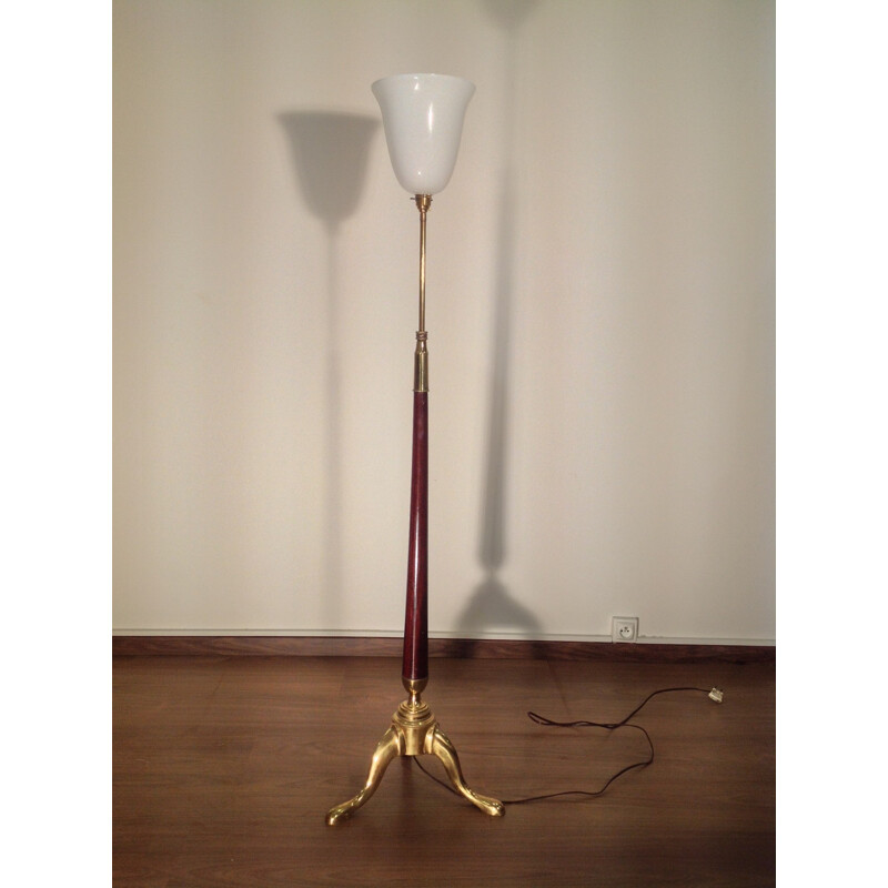 Tripod floorlamp in brass, mahogany and glass  - 1930s
