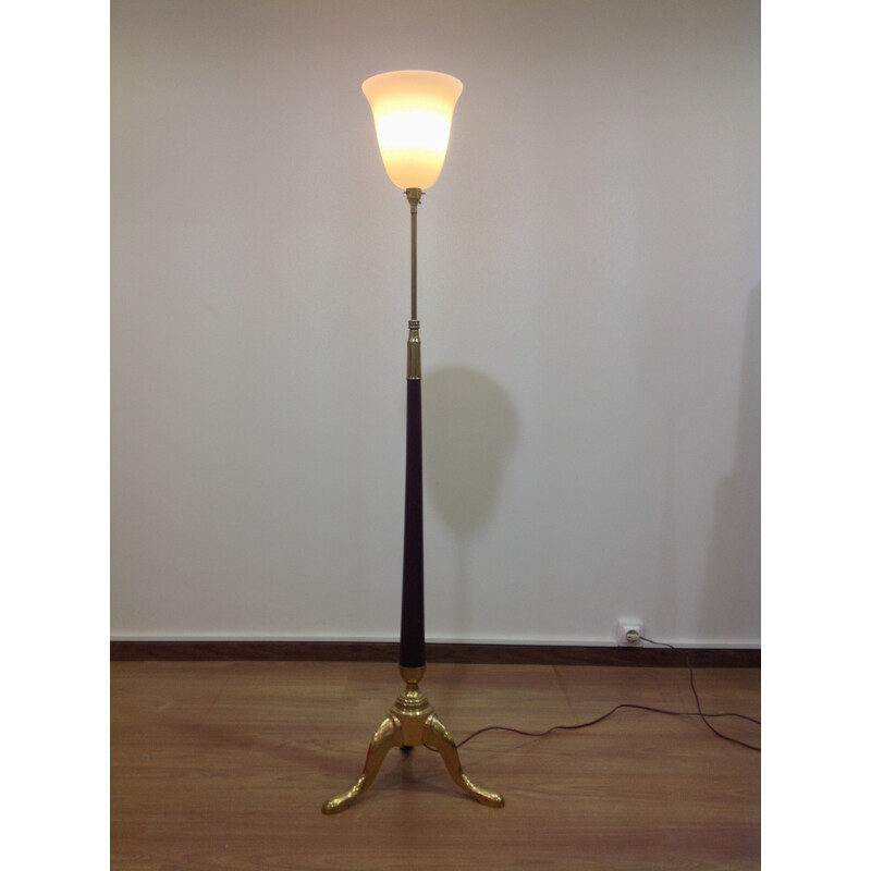 Tripod floorlamp in brass, mahogany and glass  - 1930s